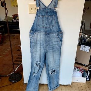 H&M distressed jean overalls with pocket details